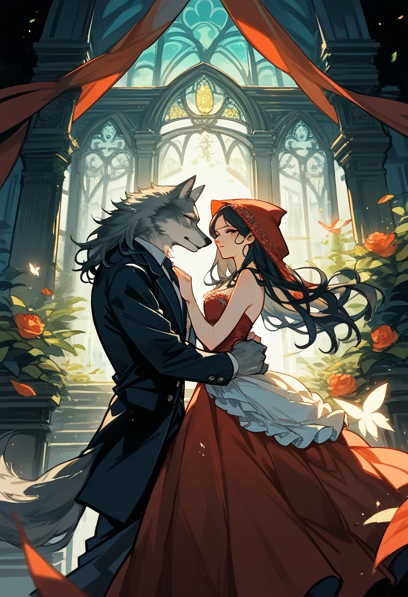 cover_page, Fairy tale wedding. Red Riding Hood, wolf man , elegant gown, hunter sharp suit, romantic, lavish decorations, ceremony, beauty and the beast, 