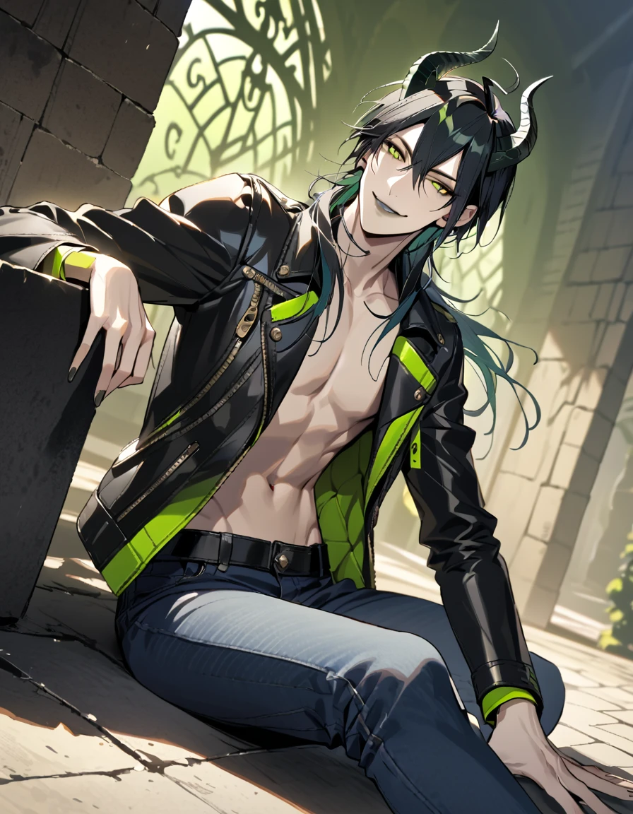 masterpiece, highres, absurdres, illustration, 1boy, sitting on floor, topless, black leather jacket, jeans, dynamic angle, malleus draconia (twisted wonderland) horns, bishounen, boy, male, yana Toboso style, long hair, black hair, yellow green eyes, smile, gray lips, handsome, skinny, tall, yellow green glow,