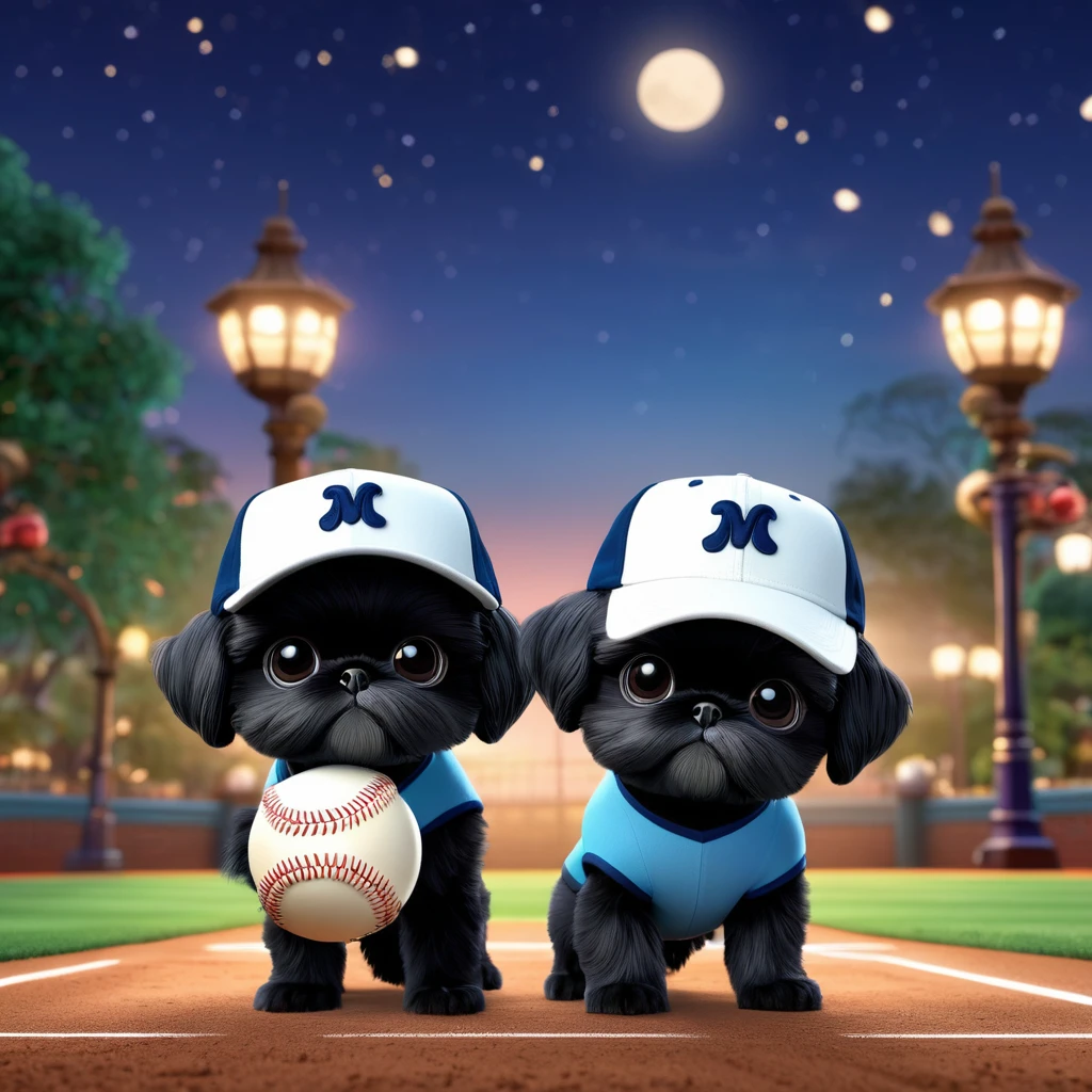 2 Adorable small black Shih Tzu puppies wearing baseball cap and glasses playing baseball at night Disney background 3d cartoon 3d render disney pixar style
