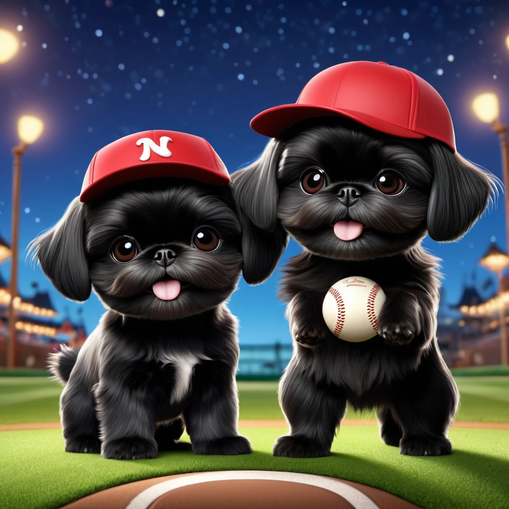 2 Adorable small black Shih Tzu puppies wearing baseball cap and glasses playing baseball at night Disney background 3d cartoon 3d render disney pixar style