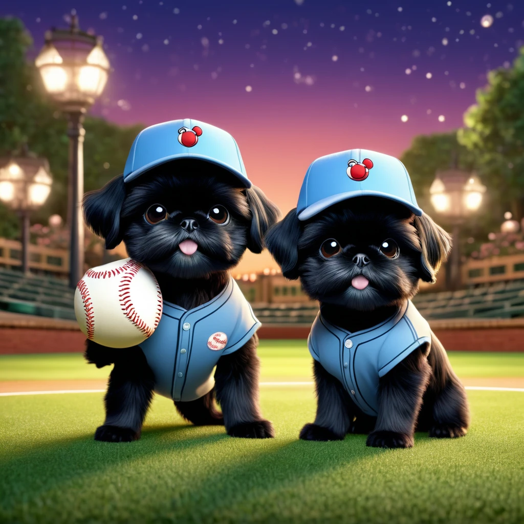 2 Adorable small black Shih Tzu puppies wearing baseball cap and glasses playing baseball at night Disney background 3d cartoon 3d render disney pixar style