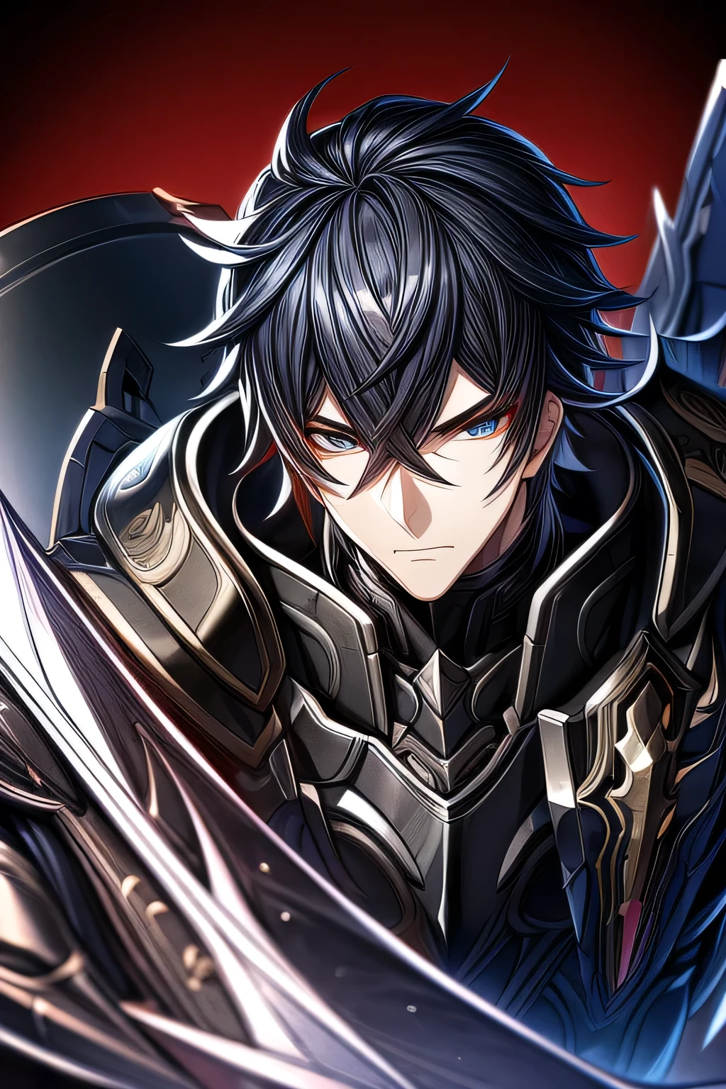 (work of art, best qualityer, face perfect, expressive eyes), Black Knight Armor, black leather cover, details Intricate, black breastplate, a male anime,single character, short black hair with white highlights, barba, visual novel sprite, detailed black armor, high qualiy, cinematic, dramatic pose, details Intricate, swirly vibrant colors, work of art, impacto genshin. 