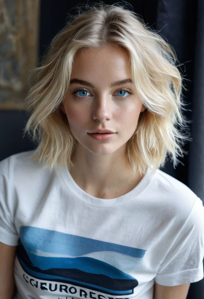 Un superbe portrait d’une jeune beauté scandinave, aux yeux bleus perçants, petits seins et longs cheveux blonds flottants, un long pantalon noir et un t-shirt blanc , assis dans le canapé, la lumière naturelle met en valeur les traits du visage, les ombres douces sur les contours du visage, le contraste vibrant entre les tons chair chauds et les teintes froides de l&#39;arrière-plan, la composition ultra légère, le nombre d&#39;or, L&#39;éclairage dramatique.