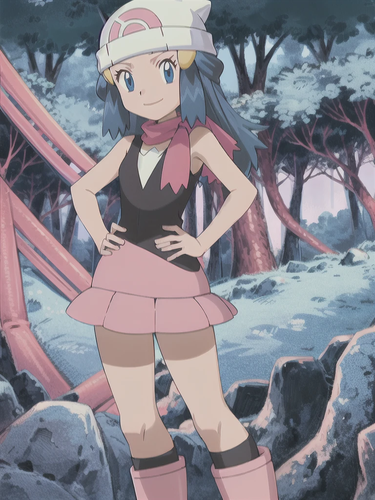 masterpiece, best quality, 1girl, dawn \(pokemon\), beanie, long hair, blue hair, blue eyes, black sleeveless shirt, pink scarf, pink skirt, pink boots, hands on hips, smile, looking at viewer, forest background