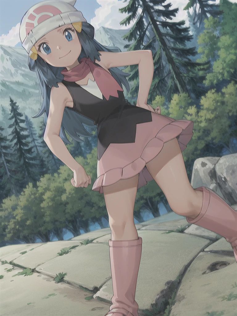 masterpiece, best quality, 1girl, dawn \(pokemon\), beanie, long hair, blue hair, blue eyes, black sleeveless shirt, pink scarf, pink skirt, pink boots, hands on hips, smile, looking at viewer, forest background