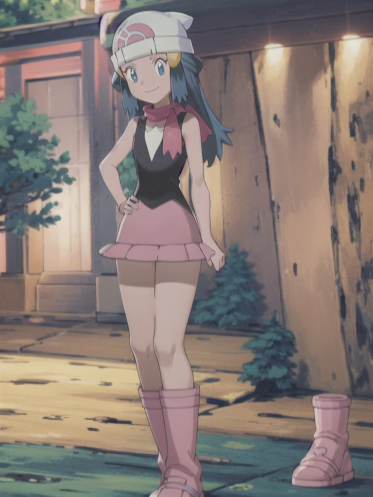 masterpiece, best quality, 1girl, dawn \(pokemon\), beanie, long hair, blue hair, blue eyes, black sleeveless shirt, pink scarf, pink skirt, pink boots, hands on hips, smile, looking at viewer, forest background