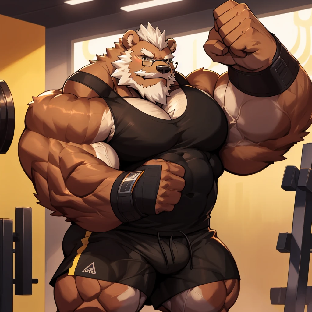solo, 1boy, Huge Muscular Old Grizzly Bear wearing glasses, correct anatomy, steroid, pectoral, huge pectoral, wide pectoral, short white hair, black gym short pants, black wristbands and black black tank top , bearded, Mustache, golden gym background, masterpiece, high detailed, 8k, high resolution, at the gym, punching the wall