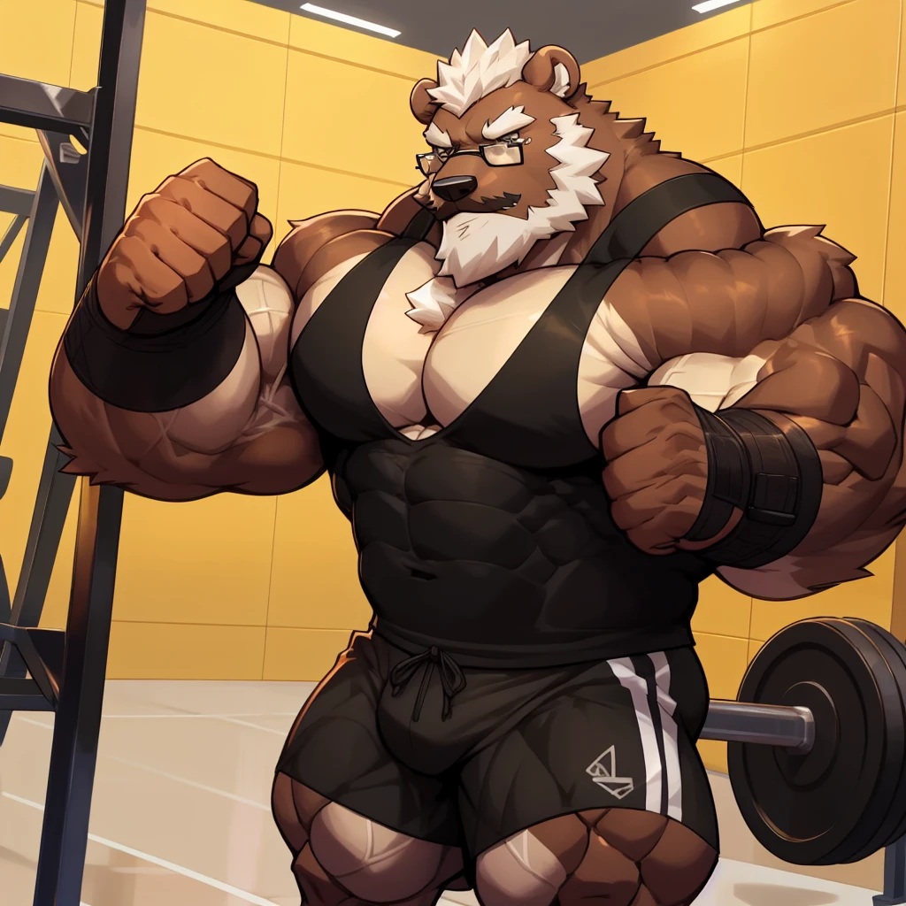 solo, 1boy, Huge Muscular Old Grizzly Bear wearing glasses, correct anatomy, steroid, pectoral, huge pectoral, wide pectoral, short white hair, black gym short pants, black wristbands and black black tank top , bearded, Mustache, golden gym background, masterpiece, high detailed, 8k, high resolution, at the gym, punching the wall