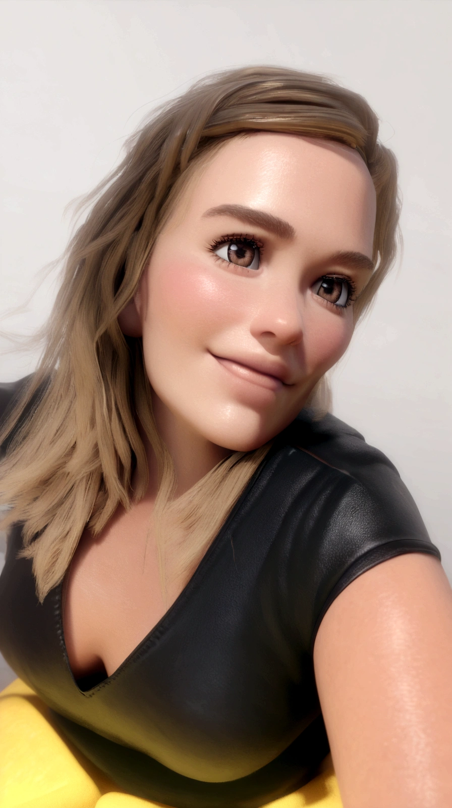 A photo from a 3D Disney movie of a pretty girl with long, straight blonde hair and blonde highlights. In the Pixar, Disney style, beautiful clear and detailed face, huge brown eyes, adorable. Autumn vibes. Unreal 8k octane rendering engine