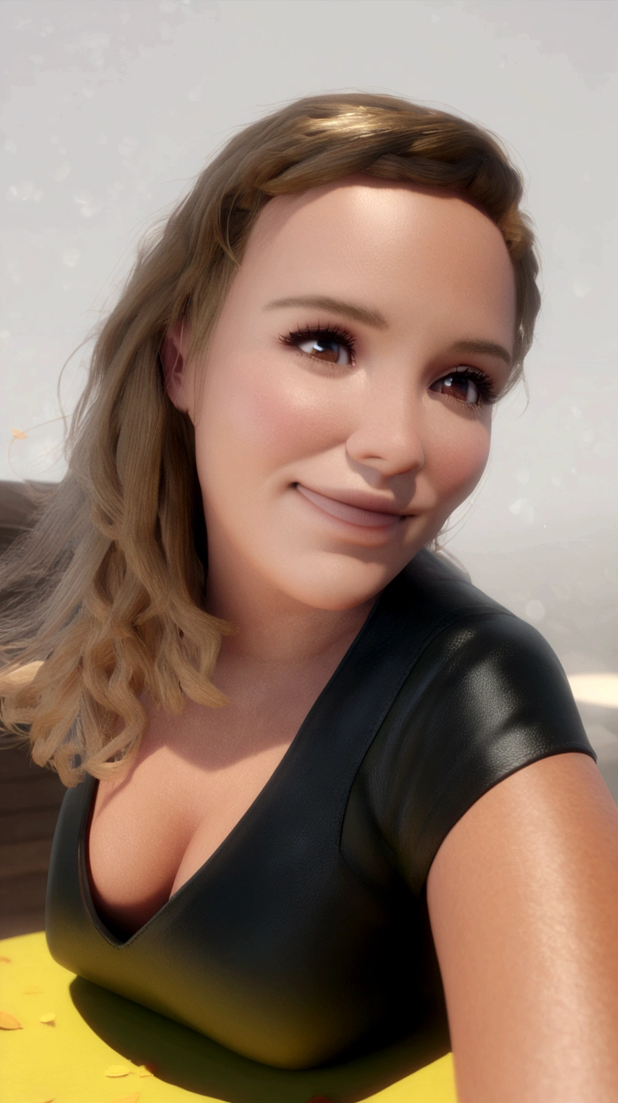 A photo from a 3D Disney movie of a pretty girl with long, straight blonde hair and blonde highlights. In the Pixar, Disney style, beautiful clear and detailed face, huge brown eyes, adorable. Autumn vibes. Unreal 8k octane rendering engine