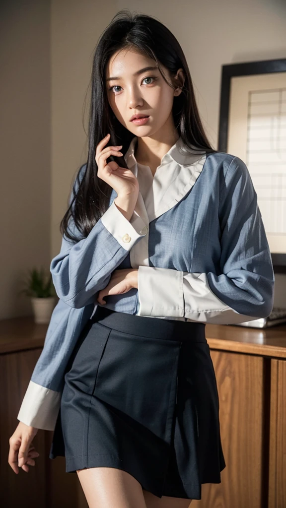 Masterpiece, best quality, photography, detailed skin, realistic, photo-realistic, 8k, highly detailed, full length frame, High detail RAW color art, diffused soft lighting, shallow depth of field, sharp focus, hyperrealism, cinematic lighting,

High school girl in a beautifully makeup, smokey eyeshadow, beautiful big blue eyes, long black hair, long eye lashes, wearing traditional white and navy blue uniform, standing gracefully in the class room

(School girl: 1.0), (Japanese, 18 years old: 1.3), 1 girl, large breast:1.8, slim waist:1.7, ((Detailed: 1.4)), ((Beautiful uniform and mini skirt: 1.3)), (High dynamic range: 1.2), ray tracing: 1.0, NVIDIA RTX: 1.1, Super resolution: 1.0, Unreal 5: 1.1, 3D, Octane rendering.