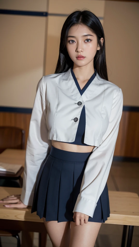 Masterpiece, best quality, photography, detailed skin, realistic, photo-realistic, 8k, highly detailed, full length frame, High detail RAW color art, diffused soft lighting, shallow depth of field, sharp focus, hyperrealism, cinematic lighting,
High school girl in a beautifully makeup, smokey eyeshadow, beautiful big blue eyes, long black hair, long eye lashes, wearing traditional white and navy blue uniform, standing gracefully in the class room
(School girl: 1.0), (Japanese, 18 years old: 1.3), 1 girl, large breast:1.8, slim waist:1.7, ((Detailed: 1.4)), ((Beautiful uniform and mini skirt: 1.3)), (High dynamic range: 1.2), ray tracing: 1.0, NVIDIA RTX: 1.1, Super resolution: 1.0, Unreal 5: 1.1, 3D, Octane rendering.
