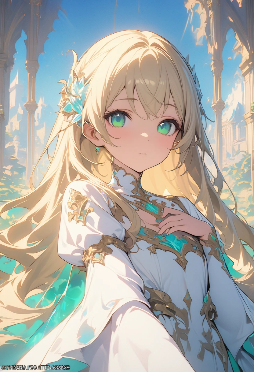 (masterpiece, Highest quality, Highest quality, Official Art, Beauty and aesthetics: 1.2), (One girl: 1.3), (Fractal Art: 1.3), euphilia, One Girl,Anime girl with long blonde hair and dark turquoise eyes in a white dress, Green Eyes,Beautiful Eyes, Elegant face,Very pure and kindhearted，Pretending to be innocent and acting cute，Wearing a white and sky blue princess dress，Very well behaved，Evokes protective feelings，The body is fluorescent，very nice，Beautiful，Very young and pretty face、shape，The face is very soft，Particularly clear、wonderful、Nice person々、A bit silly，He is a very pure and kind-hearted white lotus green tea..，She is a little princess