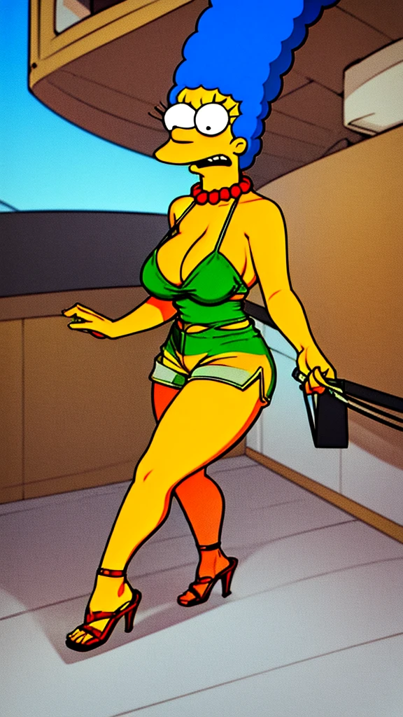 marge simpson, blue hair, red necklace, extra large breasts, cleavage, colored skin, yellow skin, green bikini top, short shorts, angry, open-toe platform high heels, visible feet, thick thighs, thick hips