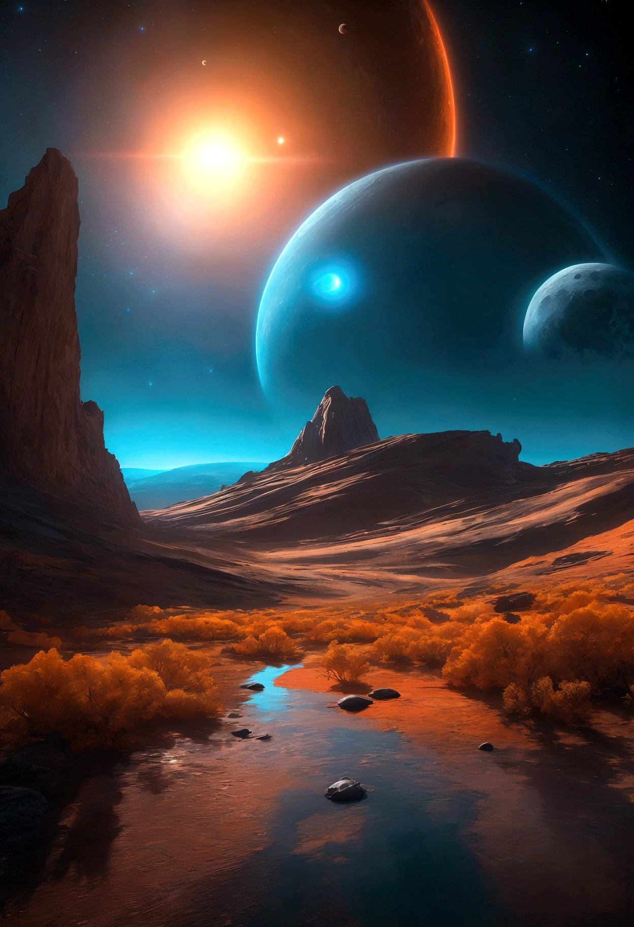 Stunning bright colors, highy detailed, The perfect world, reflective surfaces, Subsurface Dispersion, beyond imagination, in 8K, Wide world angles of science fiction、kosmos、planets、a moon、star trek