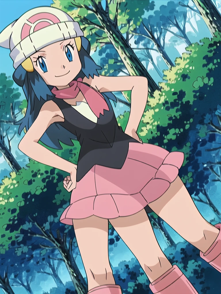 masterpiece, best quality, 1girl, dawn \(pokemon\), beanie, long hair, blue hair, blue eyes, black sleeveless shirt, pink scarf, pink skirt, pink boots, hands on hips, smile, looking at viewer, forest background