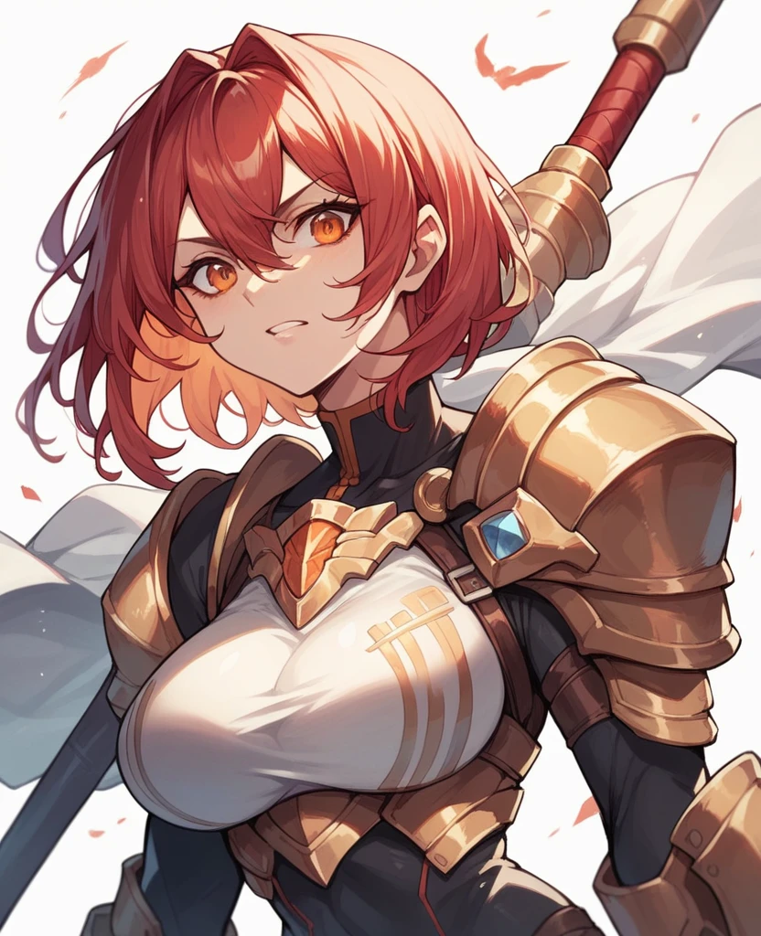 Female,red hair,orange eyes,curvy,damged battle armour.