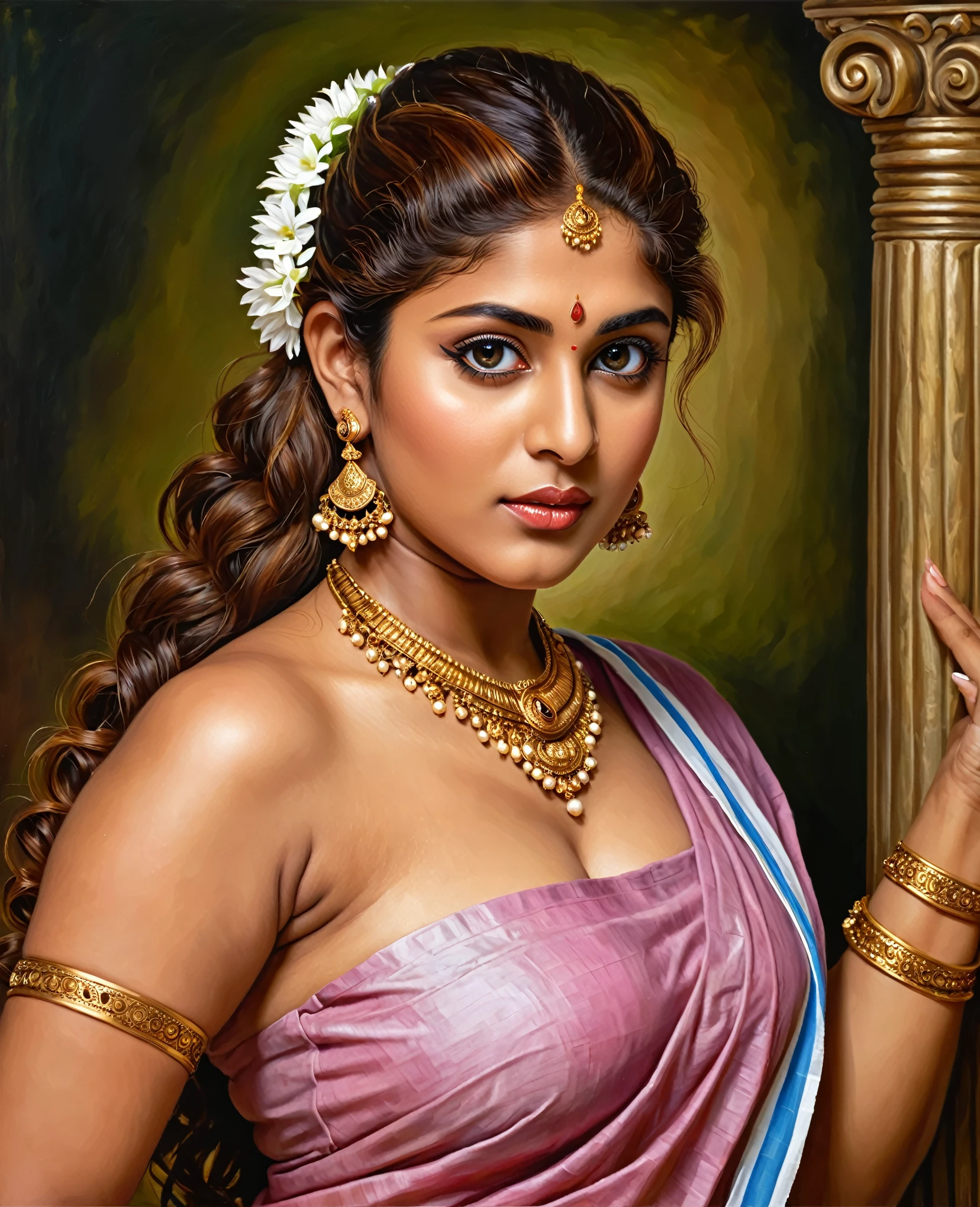 Looks like Nayanthara, exotic Indian art, oviyar maruthi style painting, Masterpiece, Beautiful Thick Woman, Best quality, high clarity eyes, critically flawless,sharp picture, Full portrait, High pixels, perfect face, perfect eyes, beautiful face, perfect hands,perfect fingers, in Peter Paul Rubens style, by Peter Paul Rubens, baroque style, acrylic on canvas, highly detailed, description: "Create a nymph inspired by the tales of Greek or Roman mythology, embodying the essence of a natural element or location, and possessing a unique ability or trait that sets her apart."
