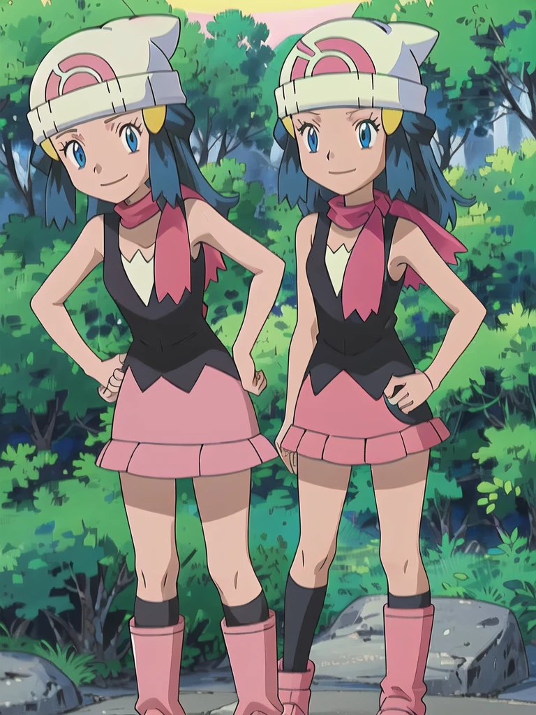 masterpiece, best quality, 1girl, dawn \(pokemon\), beanie, long hair, blue hair, blue eyes, black sleeveless shirt, pink scarf, pink skirt, pink boots, hands on hips, smile, looking at viewer, forest background