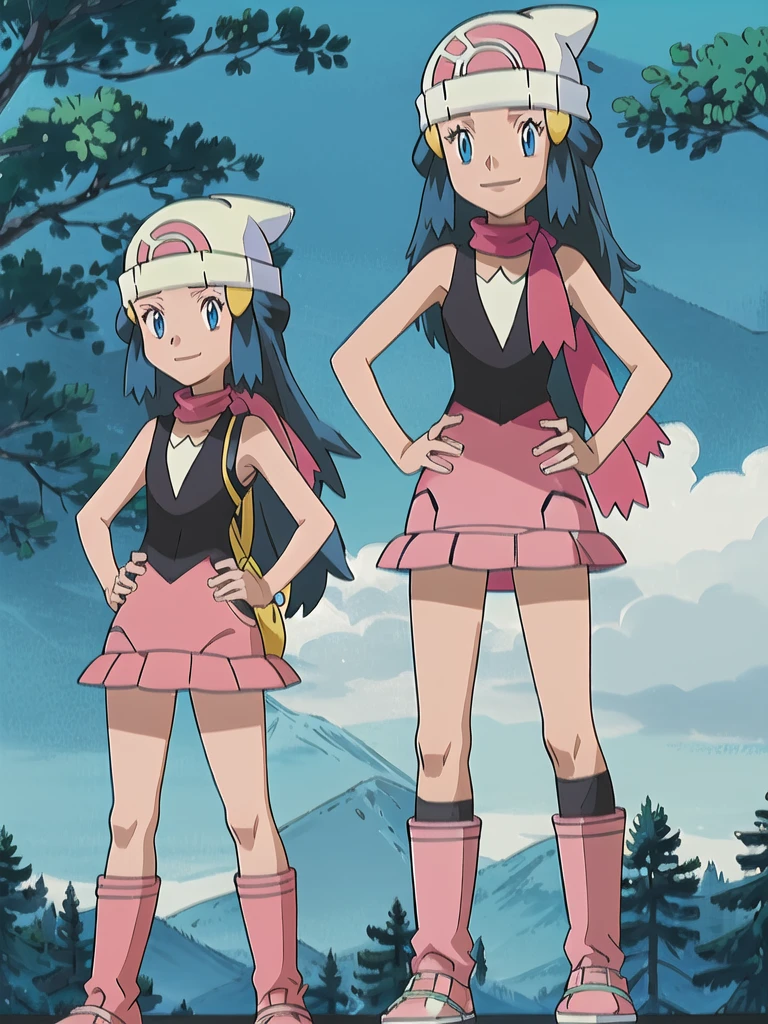 masterpiece, best quality, 1girl, dawn \(pokemon\), beanie, long hair, blue hair, blue eyes, black sleeveless shirt, pink scarf, pink skirt, pink boots, hands on hips, smile, looking at viewer, forest background