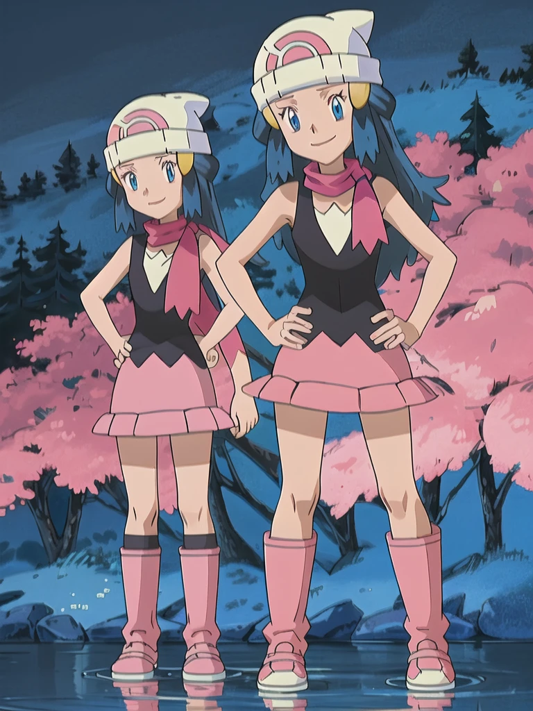 masterpiece, best quality, 1girl, dawn \(pokemon\), beanie, long hair, blue hair, blue eyes, black sleeveless shirt, pink scarf, pink skirt, pink boots, hands on hips, smile, looking at viewer, forest background