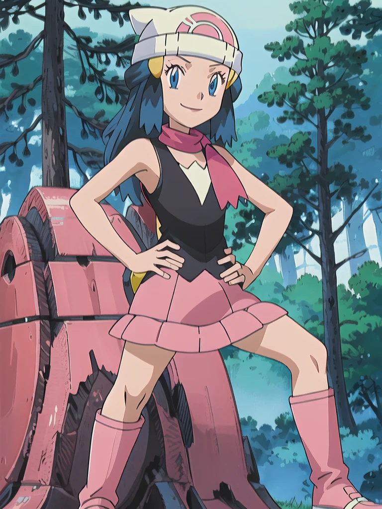 masterpiece, best quality, 1girl, dawn \(pokemon\), beanie, long hair, blue hair, blue eyes, black sleeveless shirt, pink scarf, pink skirt, pink boots, hands on hips, smile, looking at viewer, forest background