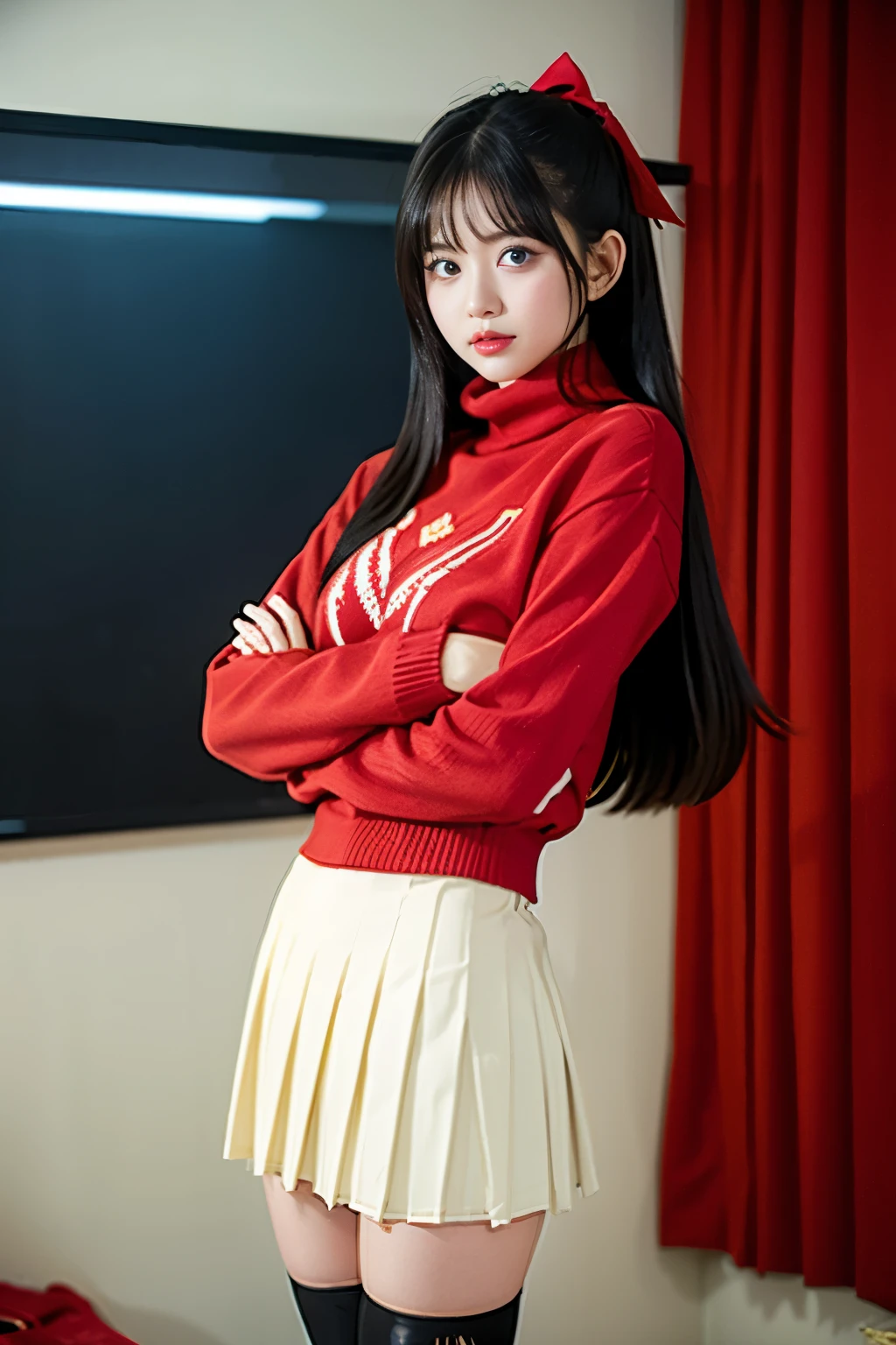 best quality,masterpiece,1girl, solo, (torn clothes:1.3),  blush,,tohsaka_rin, fate/stay_night, fate_(series), 1girl, aqua_eyes, black_hair, two_side_up, long_hair,black hair_ribbon,  cross_print,red_sweater,turtleneck_sweater, black_skirt,  miniskirt, pleated_skirt, black_thighhighs,zettai_ryouiki,,in recreational machine hall,blur background,background defocus