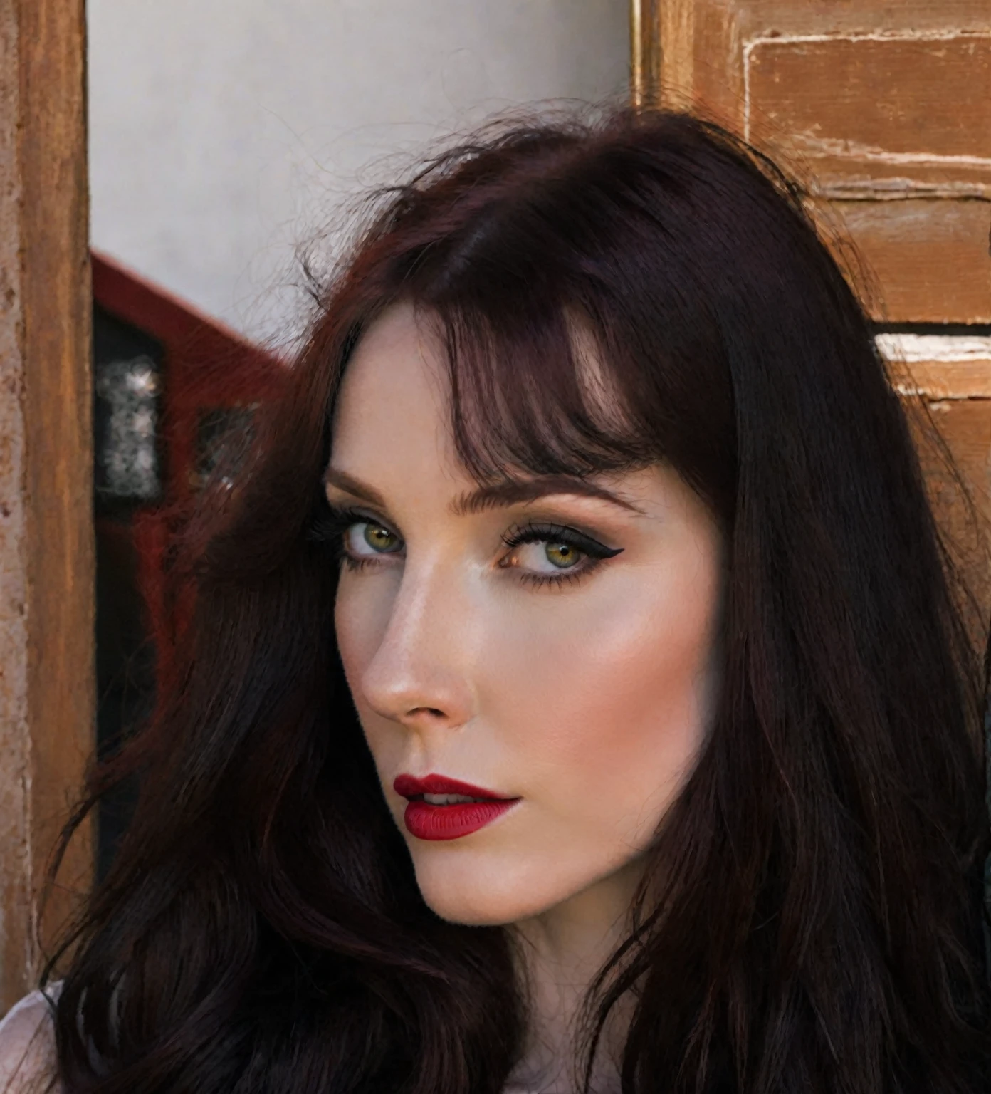 arafed woman with long dark hair and red hair, with pale skin, profile image, looking to the side off camera, high quality portrait, pale skin and dark eyes, color portrait, looking to the side, portrait image, sultry look, anastasia ovchinnikova, inspired by Jessie Alexandra Dick, headshot profile picture, tiffany dover