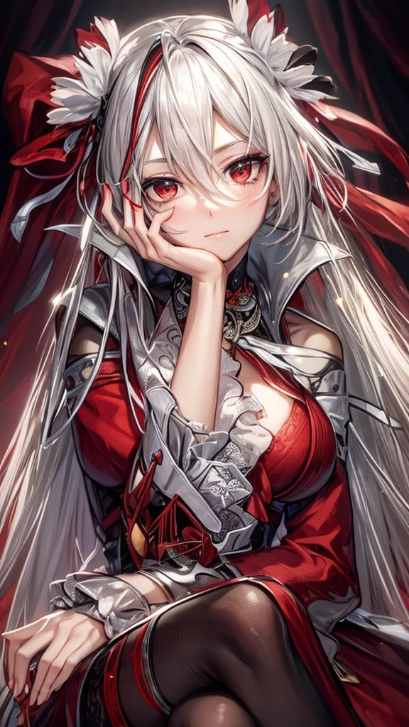 A young woman with long, flowing silver hair and piercing red eyes sits with her chin resting on her hand, gazing thoughtfully at the viewer. She is dressed in a red and black outfit with intricate details and a touch of lace, giving her a sophisticated and mysterious air. The lighting is warm and soft, highlighting her features and creating a sense of intimacy.

[Anime style, detailed and realistic, inspired by the works of Mihoyo and Pixiv artists], [soft lighting, warm colors, smooth textures, slight blur effect on the background, shallow depth of field]