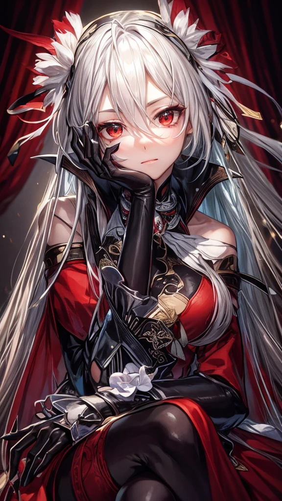 A young woman with long, flowing silver hair and piercing red eyes sits with her chin resting on her hand, gazing thoughtfully at the viewer. She is dressed in a red and black outfit with intricate details and a touch of lace, giving her a sophisticated and mysterious air. The lighting is warm and soft, highlighting her features and creating a sense of intimacy.

[Anime style, detailed and realistic, inspired by the works of Mihoyo and Pixiv artists], [soft lighting, warm colors, smooth textures, slight blur effect on the background, shallow depth of field]