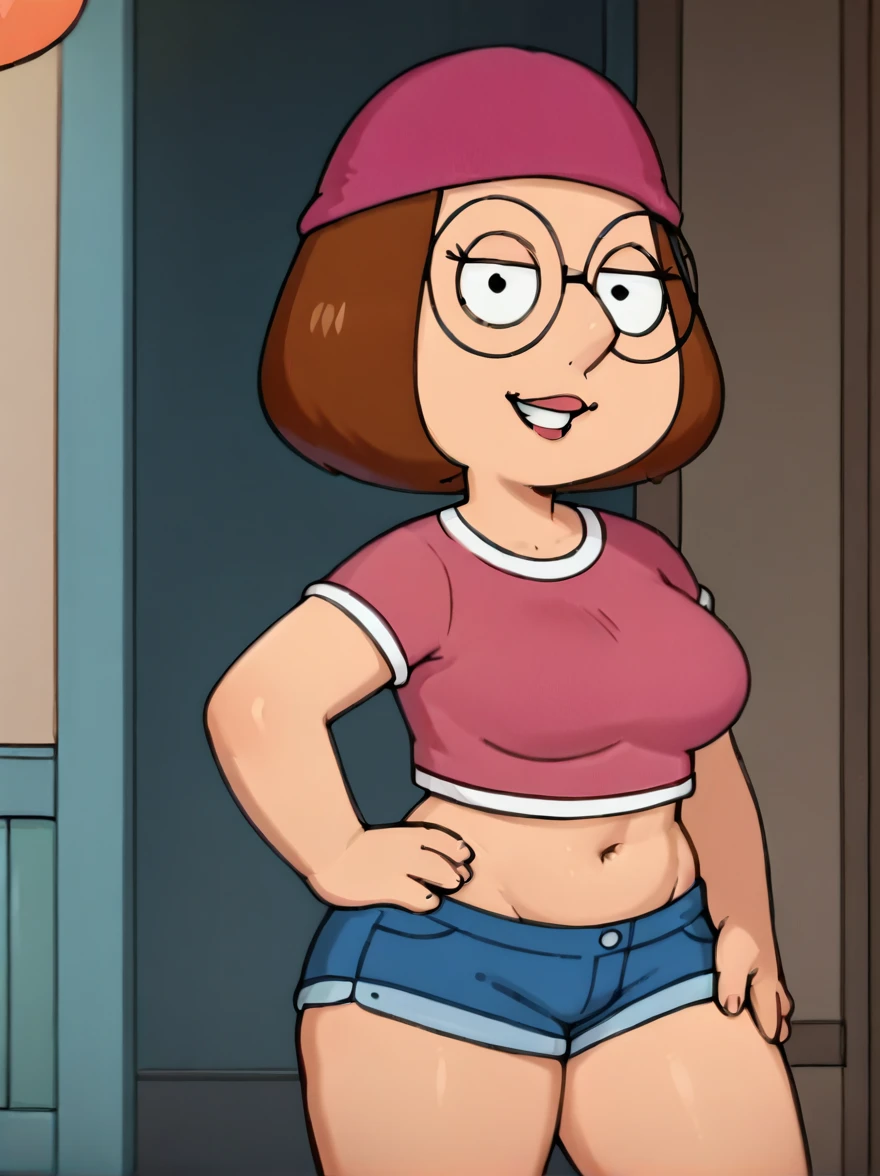 meg, brown hair, 1girl, glasses, solo, short hair, flat color, blue short shorts, beanie, pink crop-top,standing, hand on own hip, looking at viewer, smile, extra large , thick thighs