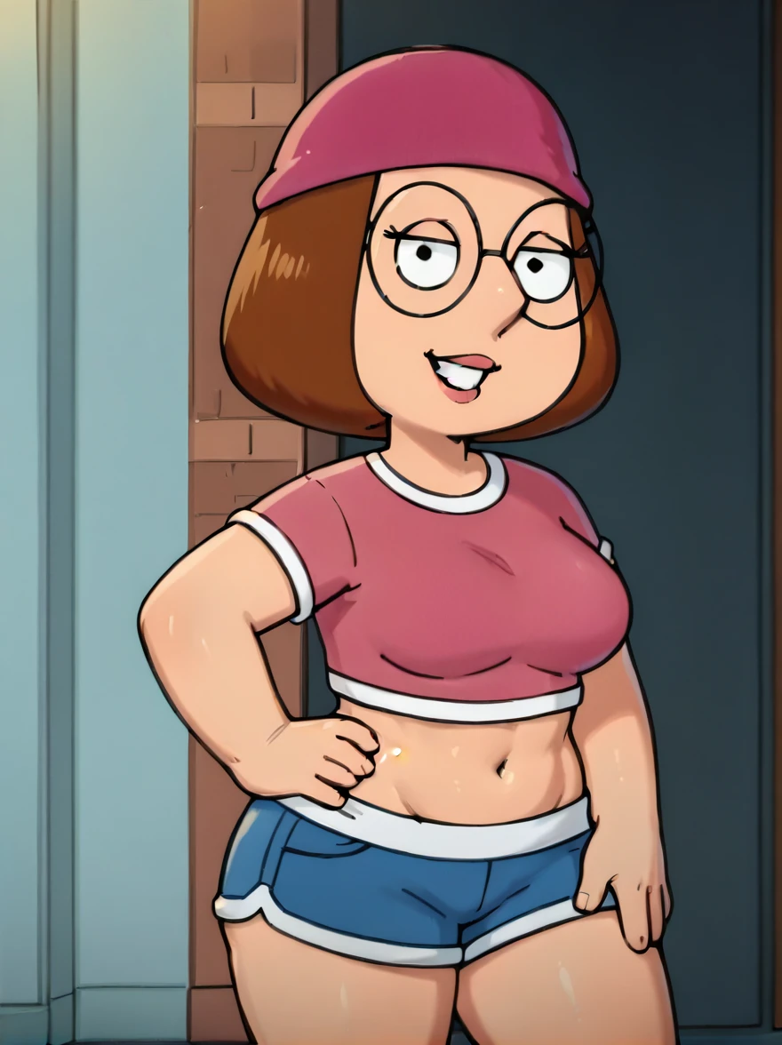 meg, brown hair, 1girl, glasses, solo, short hair, flat color, blue short shorts, beanie, pink crop-top,standing, hand on own hip,  looking at viewer, smile, extra large breasts, thick thighs
