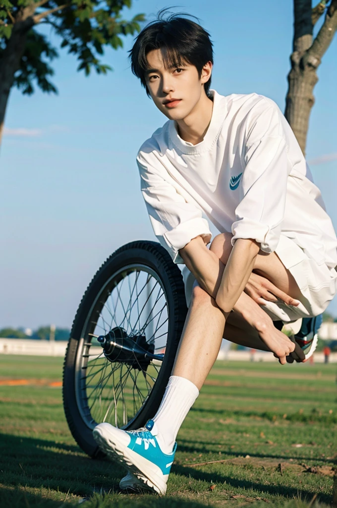 nansheng,1 boy,Solitary,Wearing white Nike socks,Socks and feet close-up,Male focus,sky空,outdoor,sky,Practical,shirt,Grass,Whole body,white shirt,Shut up,(The best shadow),Wheels within wheels, bright, Lens distortion correction,(The best shadow),Wheels within wheels, bright, Lens distortion correction