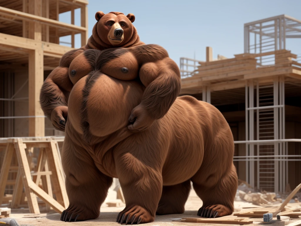 furry, fur taur, beartaur, middle-age, solo, detailed face, bear ears, bear eyes(brown), bear nose(black), bear mouth, garibaldi beard(grey), mature hair(grey), detailed arms, thick arms, muscular, thick hands(5 fingers), detailed body belly, thick body, muscle belly(white), thick chest, chest hair(grey), detailed taur body, thick taur body, thick bear paws, thick bear tail, full body shot, standing on the construction site