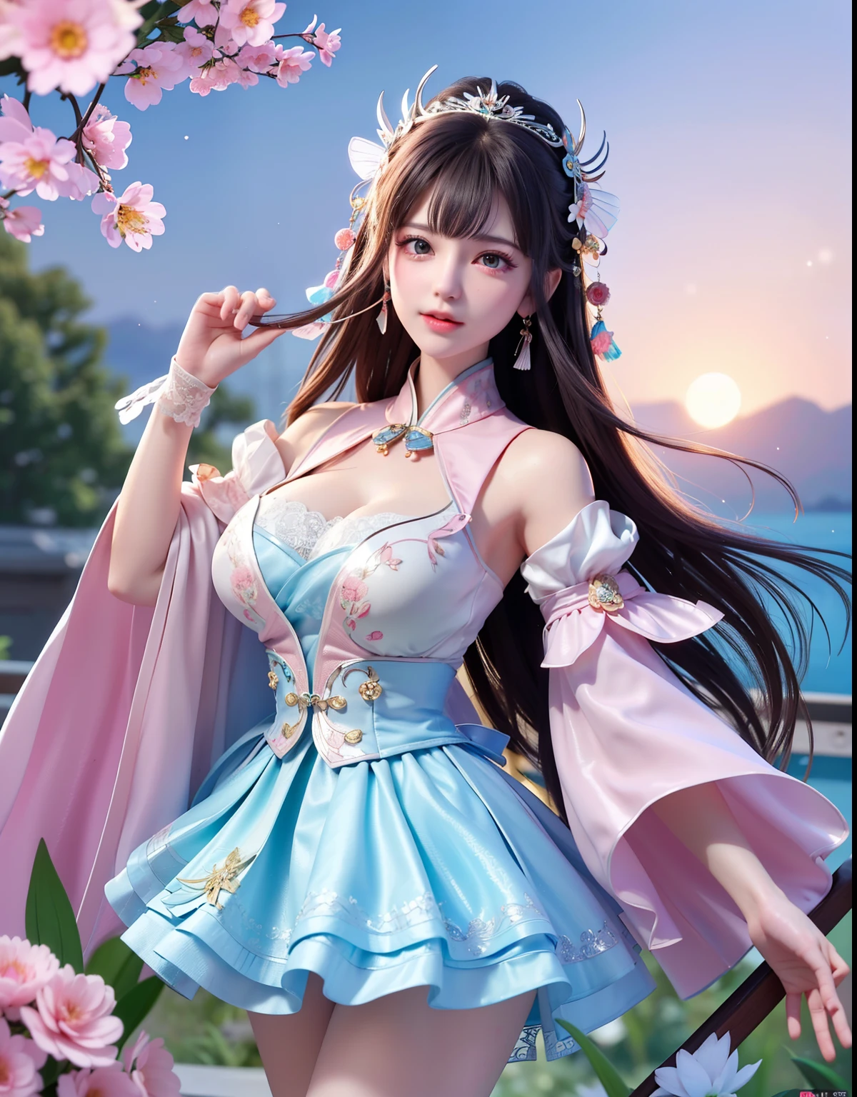 (8k, RAW photo:1.2), best quality, ultra high res,dramatic angle,(fluttered detailed color splashs), (illustration),(((1 girl))),(long hair),(rain:0.9), (Headdress:1.4),There is an ancient palace beside the girl,Hanfu,(Key Points),Color ink painting,(Splash of Color),Splash of Color,(((colorful))),(sketch:0.8) , Masterpiece, best quality, beautiful painted, highly detailed,(denoising:0.6),[splash ink],((ink refraction)), (beautiful detailed sky),moon,highly,detaild,(masterpiece, best quality, extremely detailed） CG Unity 8k Wallpaper，masterpiece，best quality，Ultra Detailed），（Lycoris）.shoulder ballet dress open V-chested clothes Thin silk lace dress short skirt , (huge ，cleavage),, white pink, blue ，best qualtiy，tmasterpiece，Ultra-high resolution，（Reality：1.4），RAW photogr，（True skin texture：1.3），（filmgrain：1.3），（Selfie angle），1个Giant Breast Girl，Beautiful eye and face details，tmasterpiece，Best quality at best，，The chest more exposed， detailed hair, bra pink , detail 8k, full body, lace petticoat, fan handle