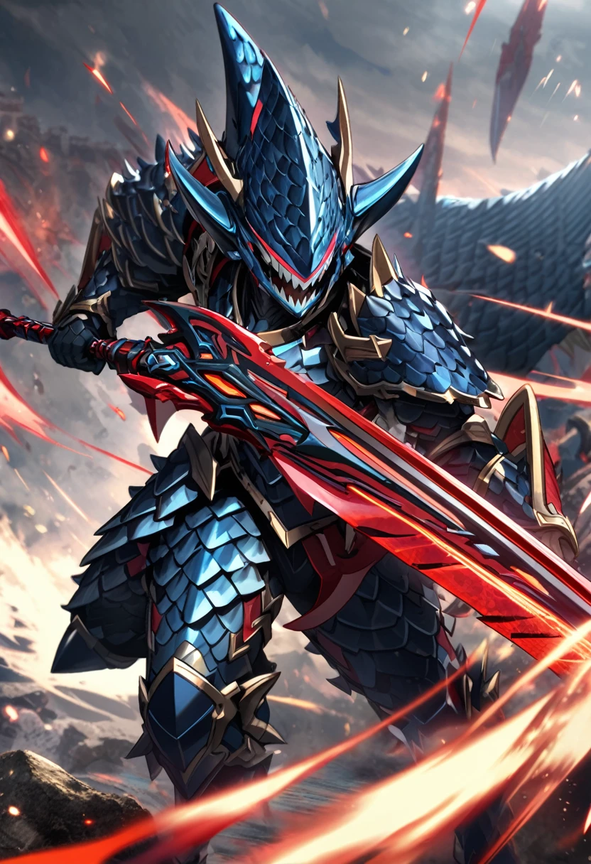 a extremely detailed warrior wearing dark blue colored shark scale armor set with draconic runes wielding 2 sickles with crimson blades