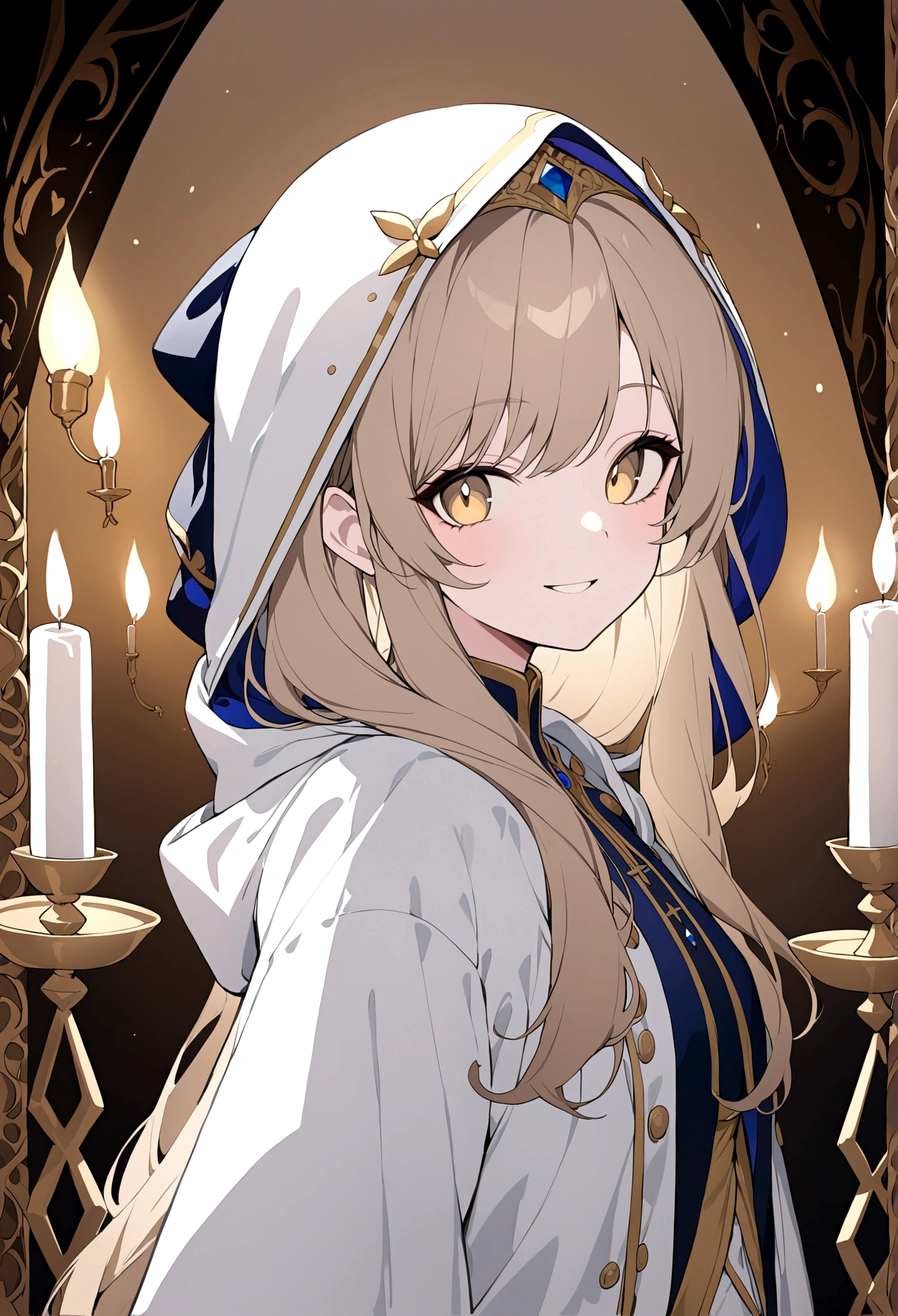 (masterpiece, 32k, 8k) a 17 year old girl, (character looking at the viewer), priestess coat, hood on head, light brown hair, deep golden eyes, (beautiful, heavenly face, cheerful smile 1.5 ), (candlelit hall)