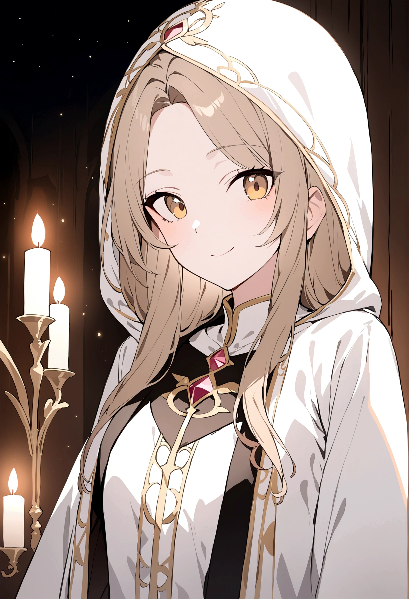 (masterpiece, 32k, 8k) a 17 year old girl, (character looking at the viewer), priestess coat, hood on head, light brown hair, deep golden eyes, (beautiful, heavenly face, cheerful smile 1.5 ), (candlelit hall)