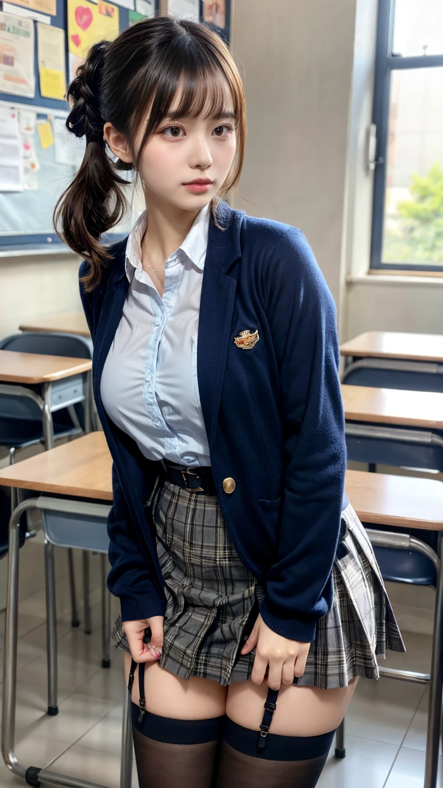 masterpiece, best quality, illustration, Super detailed, fine details, High resolution, 8K,wall paper, perfect dynamic composition,(Details High quality, realistic depiction of eyes:1.3), from side, High School Classroom、High school girl uniform、blazer 、Super Short Check Uniform Skirt、Navy blue high socks、garterbelts、Colossal tits、Disturbed uniform,  short hair, (wavy hair:1.2), short bob hair, black hair color, large breasts, Big Natural Color Lip, acrobatic pose, perfect body shape, crying a little、Harajuku style、20 year old girl、cute type, beautiful legs, hposing Gravure Idol, Voluptuous thighs
