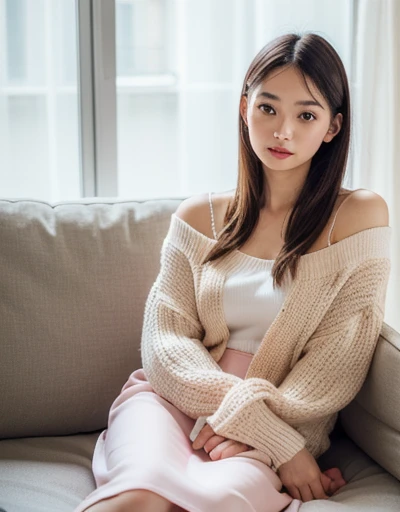 Highest quality, Face Focus, Soft Light, Ultra-high resolution, (Realistic:1.4), RAW Photos, 1 Japanese girl, alone, cute, (pupil, Light in your eyes), Beautiful face in every detail, (Small box),(High resolution detail of human skin texture), ( With straight hair、Length on the shoulder,The hair is neatly arranged,Has a natural shine), Natural Makeup,Light pink lips and light blush,Keep eye makeup minimal,Bright living room,Large windows let in natural light,The white curtains are swaying, White blouse and beige cardigan,Knee-length skirt,Wearing loafers with a simple design, (Portraiture)