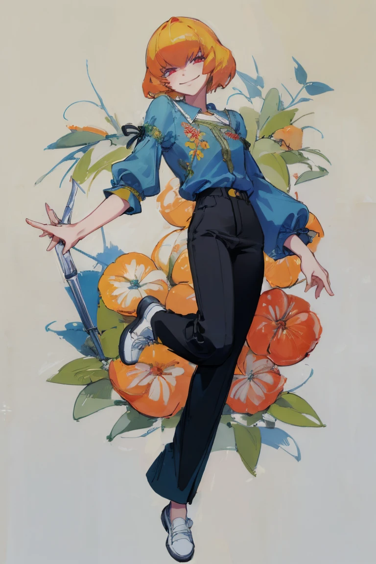 ((Highest quality)), ((masterpiece)), (be familiar with),Clementine,Overload,nsfw,Blue Shirt,No sleeve,Green Embroidery,White shoes,Fascinating,Black pants,Bewitching Smile,whole body
