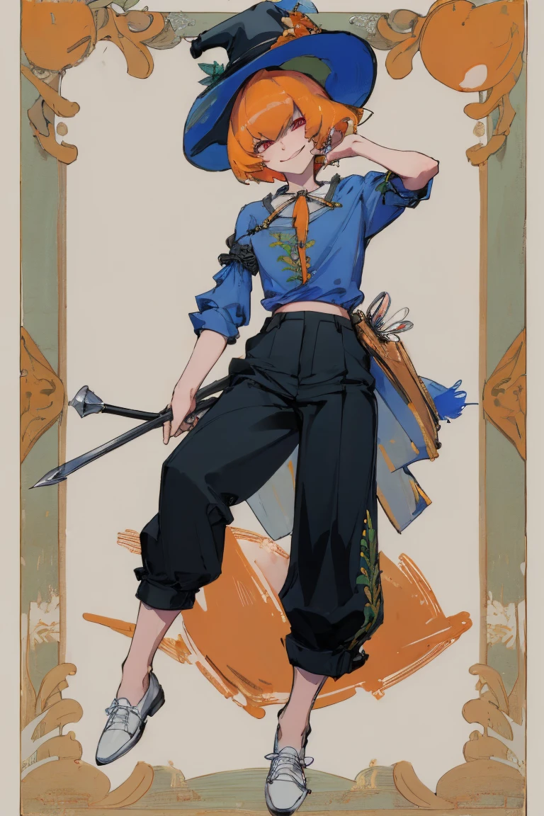 ((Highest quality)), ((masterpiece)), (be familiar with),Clementine,Overload,nsfw,Blue Shirt,No sleeve,Green Embroidery,White shoes,Fascinating,Black pants,Bewitching Smile,whole body