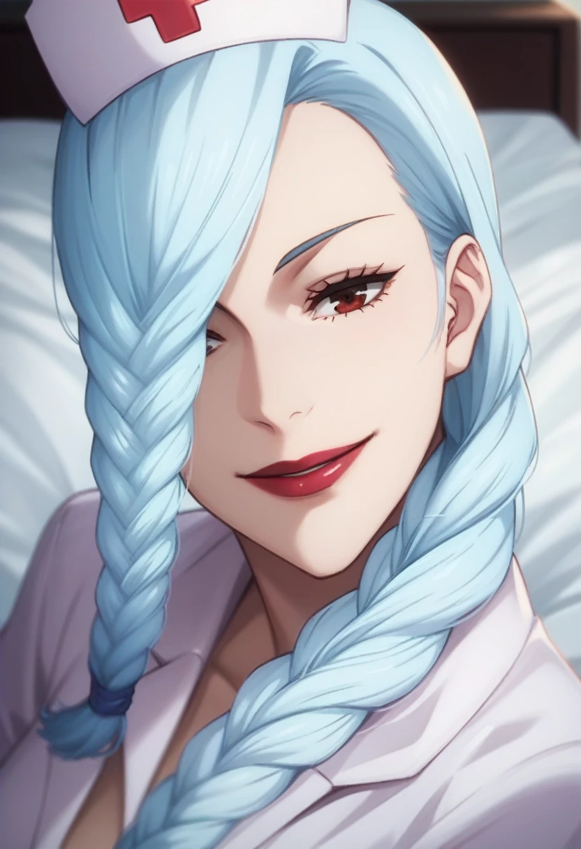 score_9, score_8_up, score_7_up, score_6_up, h1m3n0, 1girl, , mature female, Mei Mei , ((white braided hair, hair over one eye)), red lips, latex bdsm white nurse uniform, seductive smile, highly detailed bedroom, lying in bed in seductive pose