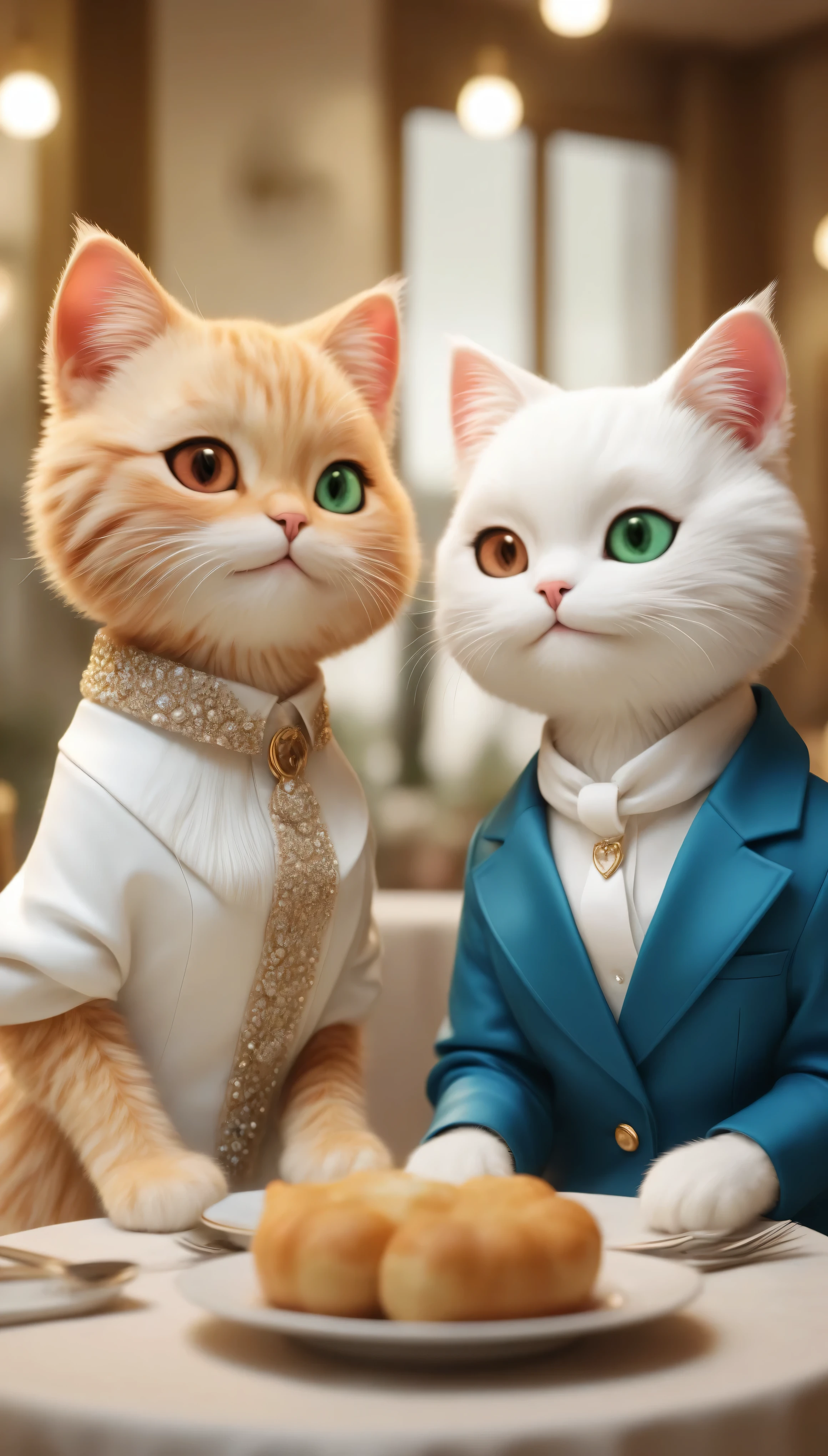 HD photography close-up，Two lovers big headed anthropomorphic cats have happy smiles、looking at each other，They wear fashionable clothes、Eat in a luxurious light restaurant，Realistic animation style，The overall color is warm and rich。