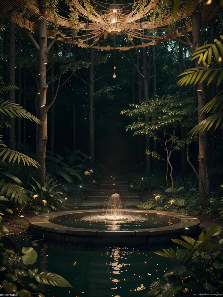 Masterpiece, best quality, (very detailed CG unified 8k wallpaper), (best quality), (best illustration), (best shadow),  drinking water in the pool, Natural elements in forest theme. Mysterious forest, beautiful forest, nature, surrounded by flowers, delicate leaves and branches surrounded by fireflies (natural elements), (jungle theme), (leaves), (branches), (fireflies), (particle effects) and other 3D, Octane rendering, ray tracing, super detailed