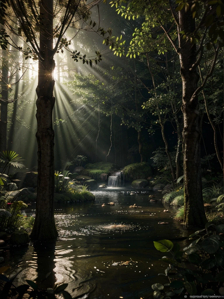 Masterpiece, best quality, (very detailed CG unified 8k wallpaper), (best quality), (best illustration), (best shadow), drinking water in the pool, Natural elements in forest theme. Mysterious forest, beautiful forest, nature, surrounded by flowers, delicate leaves and branches surrounded by fireflies (natural elements), (jungle theme), (leaves), (branches), (fireflies), (particle effects) and other 3D, Octane rendering, ray tracing, super detailed