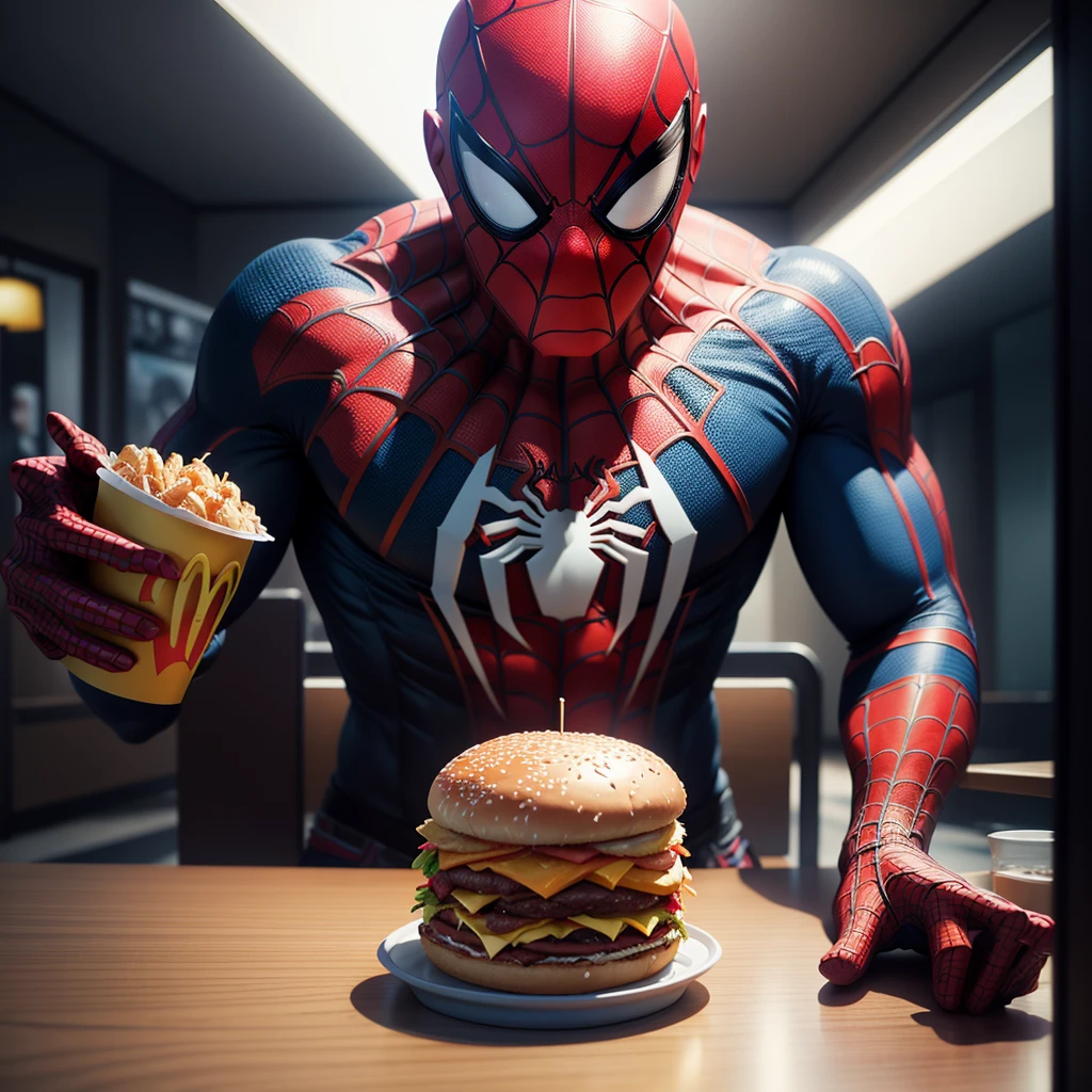 spider man at mc donalds eating big mac and drinking , sitting at a table, best quality 8k, master part, ultra detaild, photo realist, vibrant and intense colors, hight contrast, crisp, clear details.