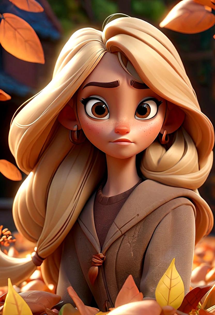 A photo from a 3D Disney movie of a pretty girl with long, straight blonde hair and blonde highlights. In the Pixar, Disney style, beautiful clear and detailed face, huge brown eyes, adorable. Autumn vibes. Unreal 8k octane rendering engine