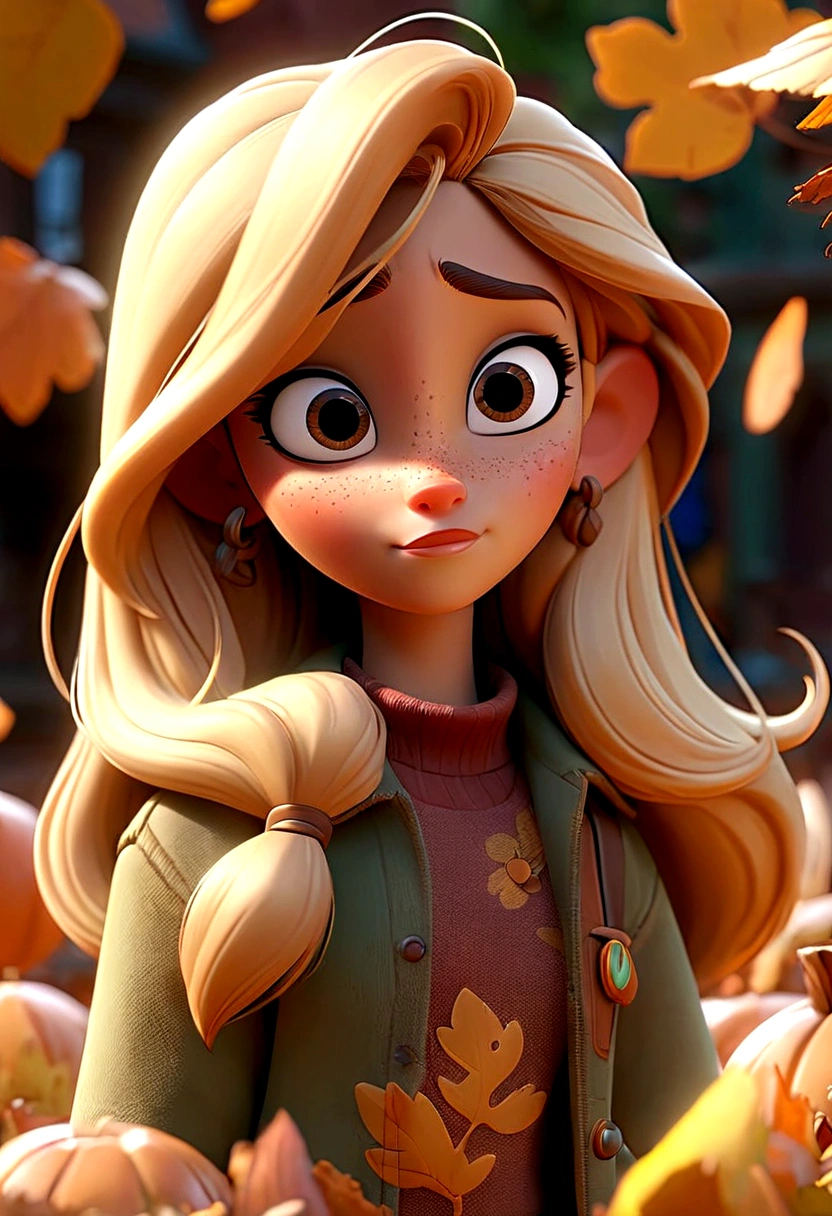 A photo from a 3D Disney movie of a pretty girl with long, straight blonde hair and blonde highlights. In the Pixar, Disney style, beautiful clear and detailed face, huge brown eyes, adorable. Autumn vibes. Unreal 8k octane rendering engine