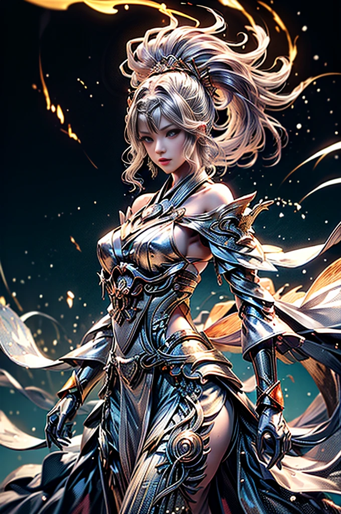(Photoreal Stick:1.4, masutepiece:1..3, 8K), top-quality, ​masterpiece, 超A high resolution, Perfect dynamic composition, Professional camera work, Grow Light Effect, Mystical portrait, Cinematic Light, Highly detailed skin and facial texture:1.3, The ultra-detailliert, A detailed eye, (Vortex of Fire, water wave, Dance of the Wind, lightning bolt), (myterious:1.3, Fanciful:1.2, tradition:1.2, majestueux:1.2), 1girl in, 25-years old, cute and sexy slim goddess, Fair skin, (Enraptured look:0.9, Totally captivates you:1.0), (silver japanese kimono:1.3 off shoulder), (voluptuous breasts:0.9), (Backshots, Calm pose), (Beautiful blue eyes, Eyes that feel beautiful eros:0.85), Sexy face:0.4, (A mouthfeel that feels beautiful eros:0.85), ((Too cute beauty:0.9)), Fantastic background